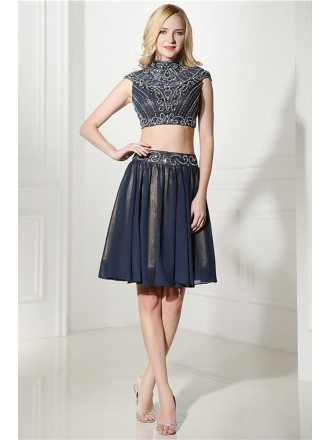 Modest Two Piece Short Prom Dress Navy Blue With Beading Top