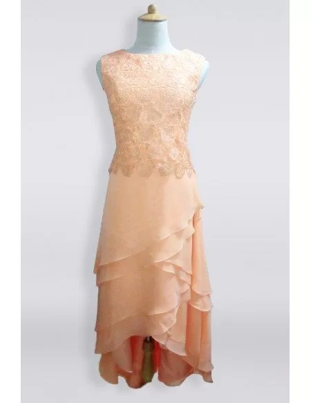 Coral Criss Cross Lace Chiffon High Low Older Brides Mother Bride Formal Dress