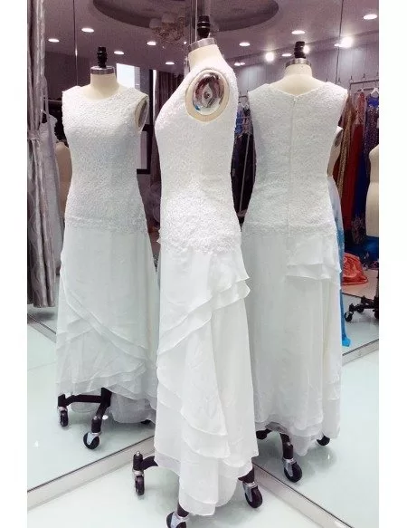 Elegant Ivory Lace Chiffon Ankle Length Older Brides Wedding Dress With Criss Cross