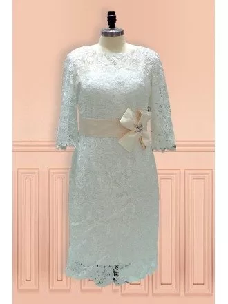 Elegant Sheath High Neck Knee Length Lace Wedding Dress With Lace Sleeves