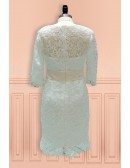 Elegant Sheath High Neck Knee Length Lace Wedding Dress With Lace Sleeves
