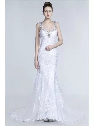 Beautiful Fitted Trumpet Wedding Dress With Beading Lace Straps