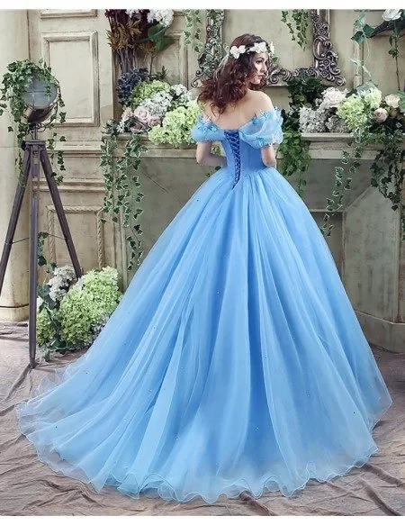 Non Traditional Blue Princess Bridal Gowns With Off Shoulder Straps