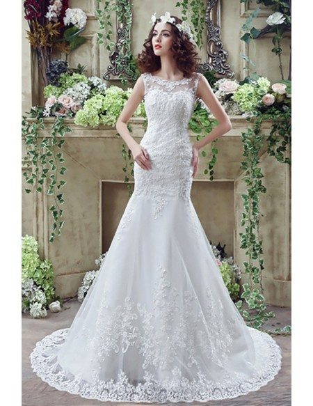 Fit And Flare Curvy Lace Wedding Dress Summer With Low Buttons Back
