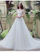 Vintage Long Tulle Wedding Dress With Lace Bodice Buttons Back