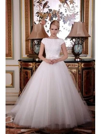 A-Line Scoop Neck Sweep Train Organza Wedding Dress With Beading Bow