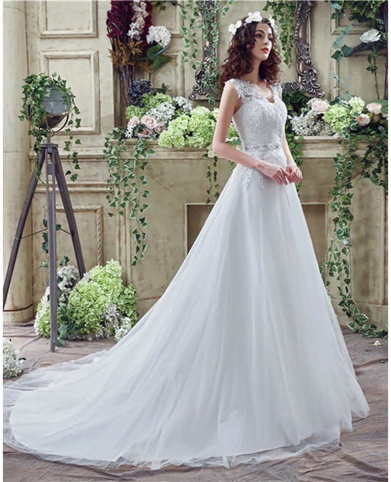 Vintage Long Tulle Wedding Dress With Lace Bodice Buttons Back #H76018 ...