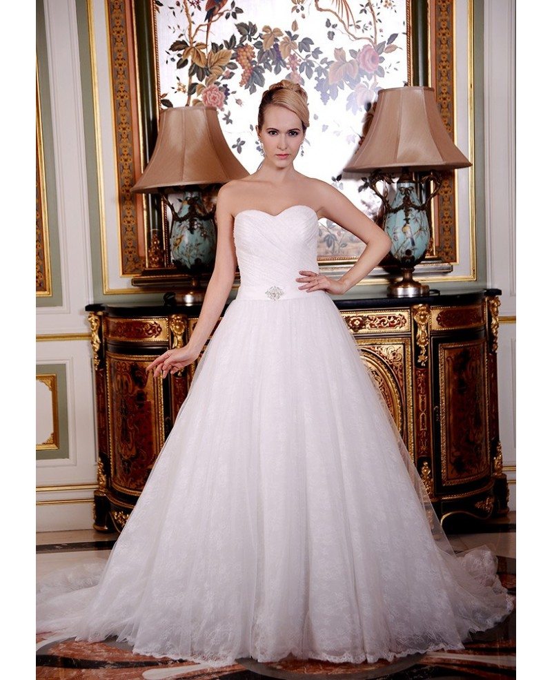 A-Line Sweetheart Court Train Lace Organza Wedding Dress With Beading # ...