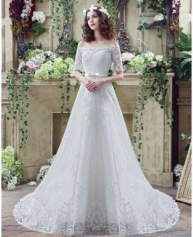 Cheap Gorgeous Princess Lace Wedding Dress With Off The Shoulder Sleeves H76021 GemGrace