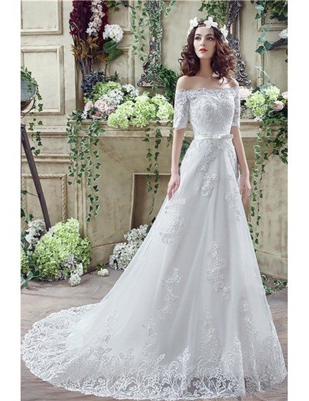Cheap Gorgeous Princess Lace Wedding Dress With Off The Shoulder Sleeves