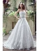 Cheap Ball Gown Lace Wedding Dress With Waist Beading Ribbon