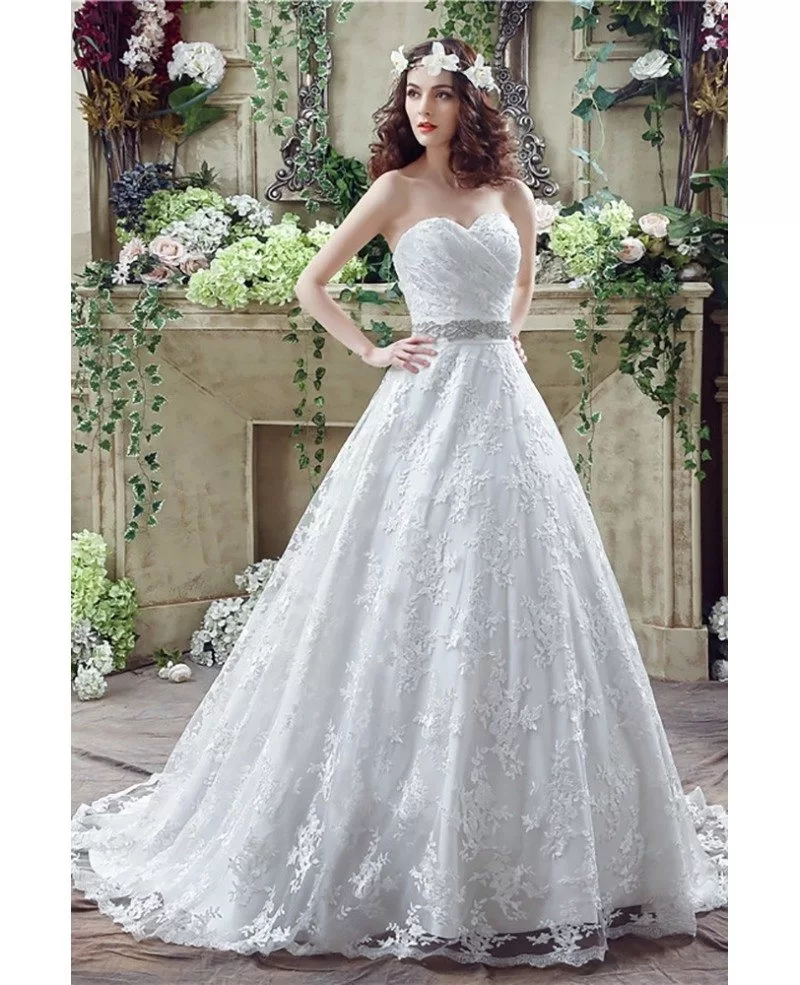 Cheap Ball Gown Lace Wedding Dress With Waist Beading