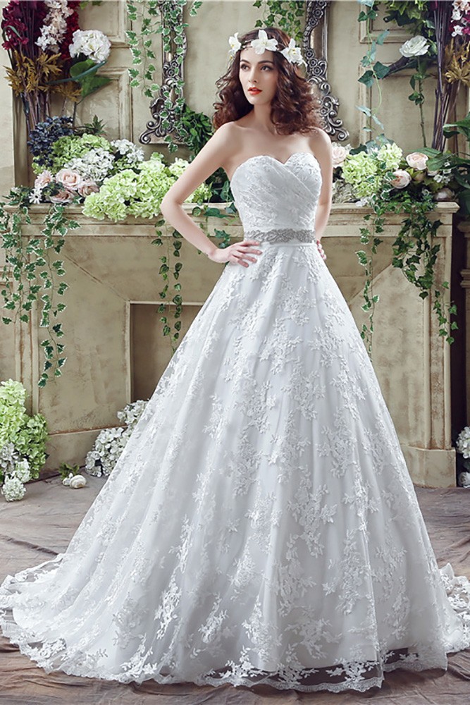 Cheap Ball Gown Lace Wedding Dress With Waist Beading Ribbon H76022