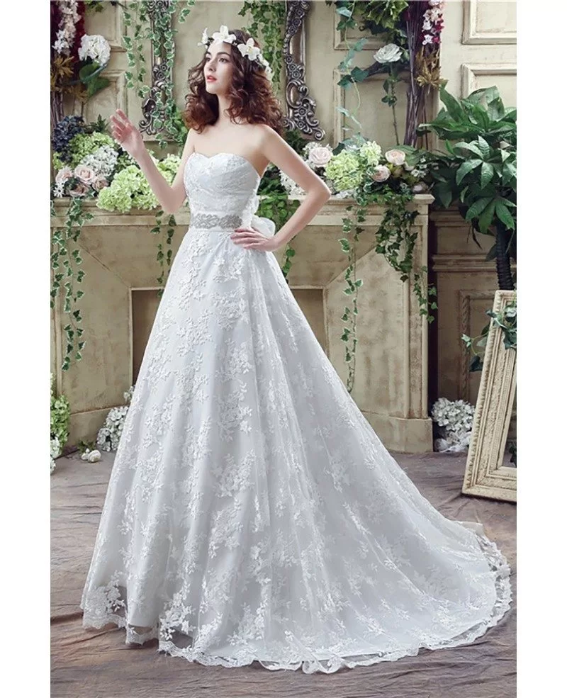 Cheap Ball Gown Lace Wedding Dress With Waist Beading