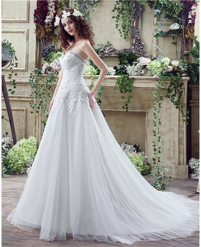 2018 Princess Tulle Lace Bridal Dress With Beaded Sweetheart Neckline H76025 GemGrace