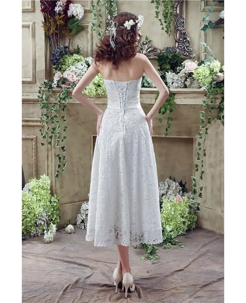 Strapless Light Lace Beach Wedding Dress Tea Length For