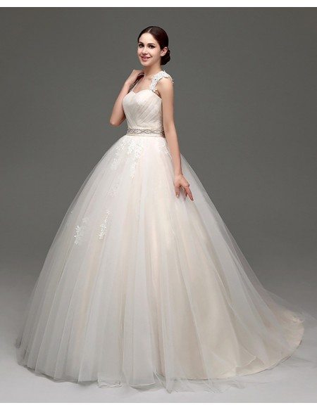 Casual Ballroom Champagne Bridal Gowns With Lace Cap Sleeves