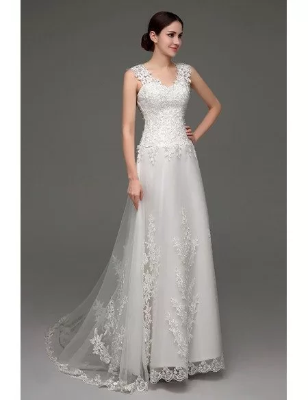 Unqiue Lace Light A Line Beach Wedding Dress With Sheer Back
