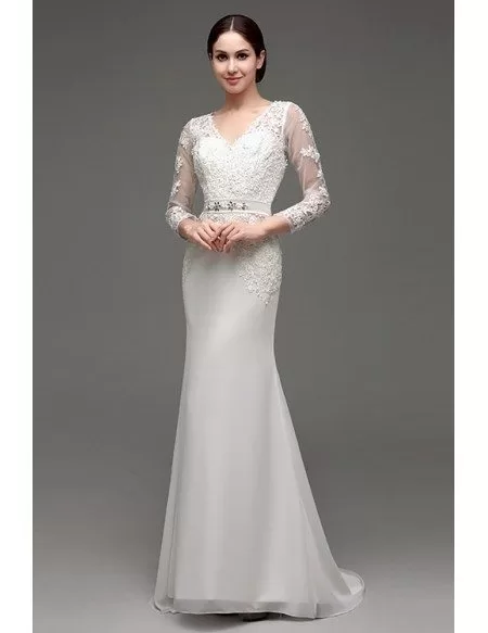 Cheap Vintage V Neck Lace Wedding Dress Fitted With 3/4 Sleeves #H76032 ...