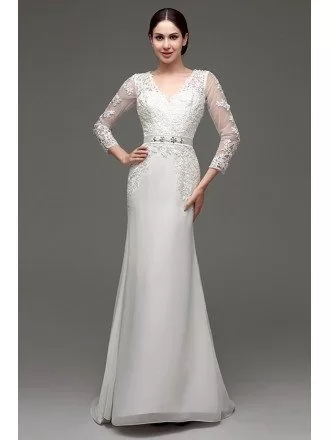 Cheap Vintage V Neck Lace Wedding Dress Fitted With 3/4 Sleeves