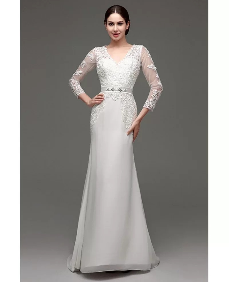 Cheap Vintage V Neck Lace Wedding Dress Fitted With 3/4