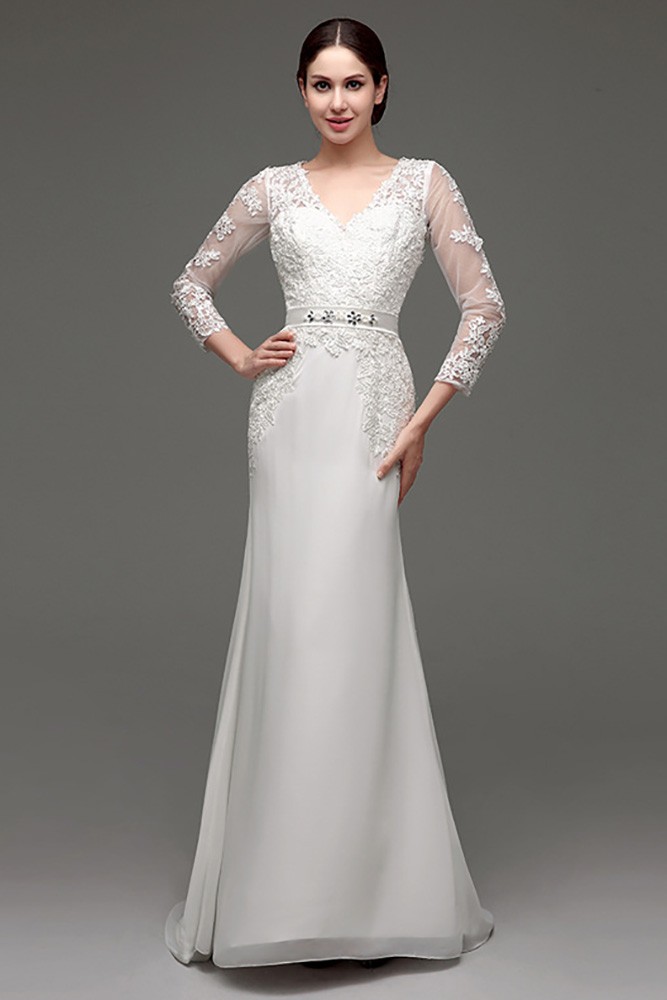 Cheap Vintage V Neck Lace Wedding Dress Fitted With 3/4 Sleeves #H76032 ...