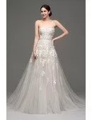 Inexpensive Strapless Lace Wedding Dress With Tulle Train