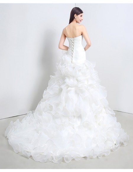 Gorgeous Cascading Ruffle Corset Wedding Dress Strapless Organza