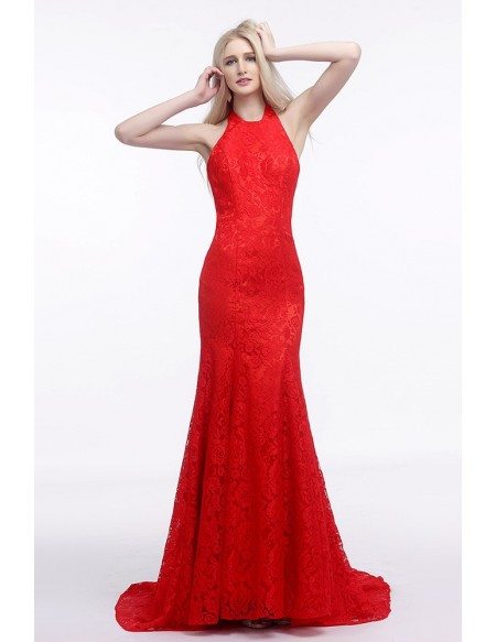 Fit And Flare Halter Red Wedding Dress Backless In All Lace