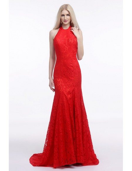 Fit And Flare Halter Red Wedding Dress Backless In All Lace