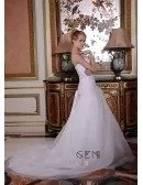 A-Line Sweetheart Court Train Organza Wedding Dress With Beading Pleated