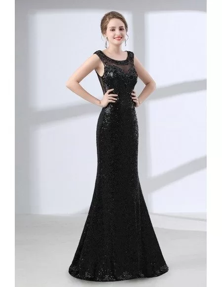 Sparkly Sequined Sexy Slim Prom Dress Black With Sheer Back