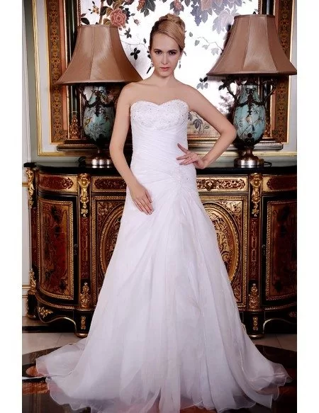 A-Line Sweetheart Court Train Organza Wedding Dress With Beading Pleated