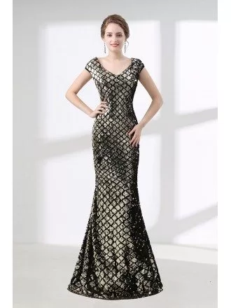 Cheap Black And Gold Mermaid Prom Dress Sparkly Sequined