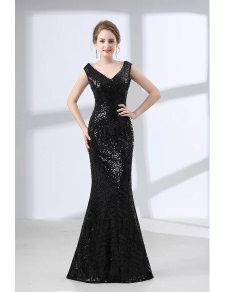 Cheap Sparkly Black Formal Dress V Neck Fitted With Sheer Back
