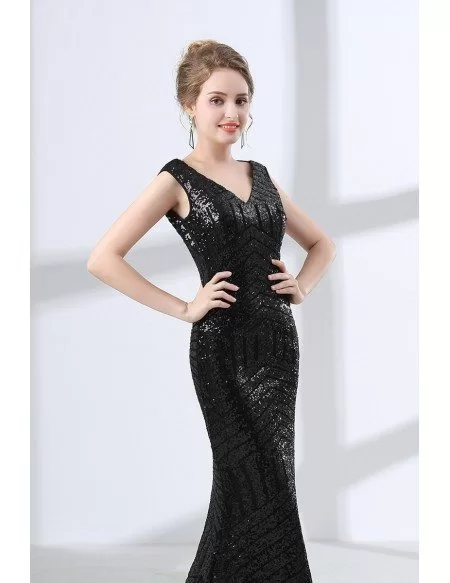 Cheap Sparkly Black Formal Dress V Neck Fitted With Sheer Back