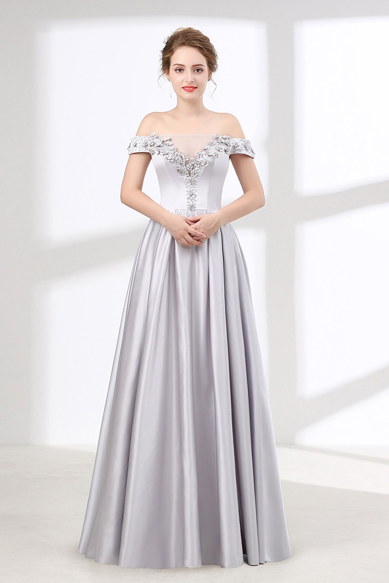 Off Shoulder Satin Short Dress with Pockets Silver