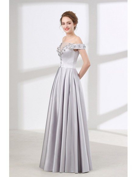 Off The Shoulder Silver Satin Prom Dress With Beading Flowers