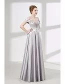 Off The Shoulder Silver Satin Prom Dress With Beading Flowers