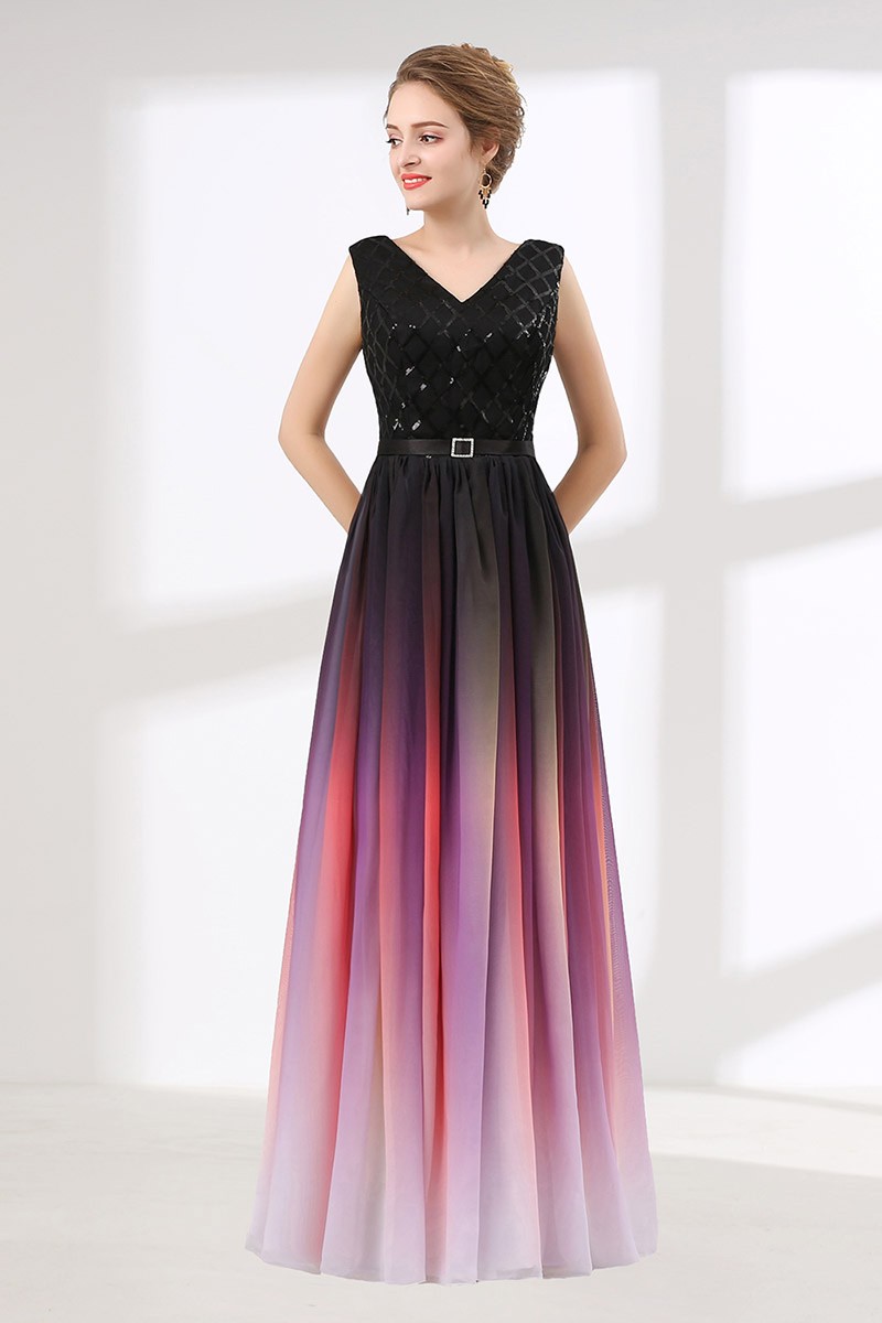 Ombre Flowy Chiffon Prom Dress Long With Shiny Sequin Bodice #CH6614 ...