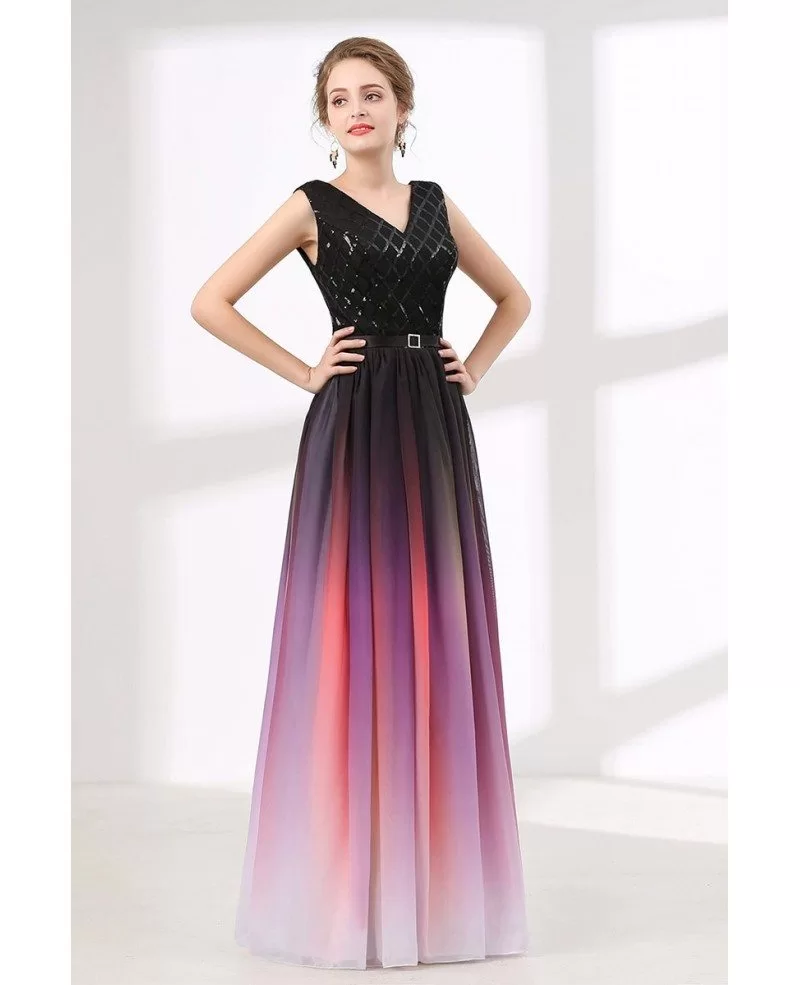 Ombre Flowy Chiffon Prom Dress Long With Shiny Sequin Bodice #CH6614 ...
