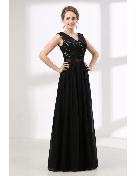 Inexpensive Sequined Black Prom Dress Long V Neck 2018 #CH6615 ...