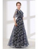 Unique Sequined Lace Long Prom Dress Navy Blue With Sleeves