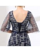 Unique Sequined Lace Long Prom Dress Navy Blue With Sleeves