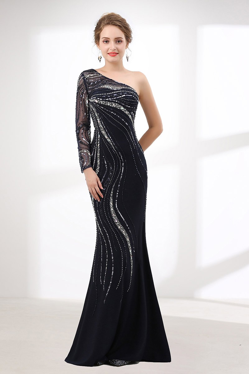 Shiny Sequin Black Fitted Prom Dress Mermaid With One Shoulder Sleeves ...