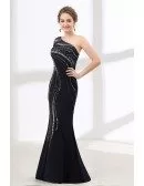 Shiny Sequin Black Fitted Prom Dress Mermaid With One Shoulder Sleeves
