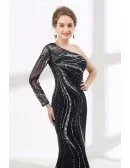 Shiny Sequin Black Fitted Prom Dress Mermaid With One Shoulder Sleeves