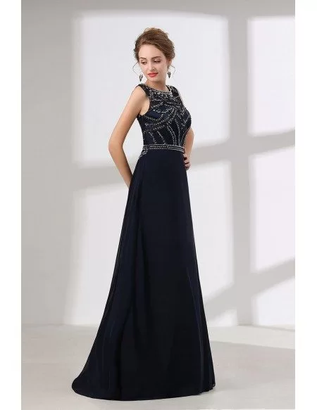Sleeveness A Line Black Long Prom Dress With Shiny Beading Bodice