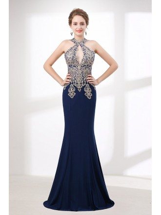 Halter Tight Mermaid Prom Dress Navy Blue With Applique Lace