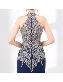 Halter Tight Mermaid Prom Dress Navy Blue With Applique Lace
